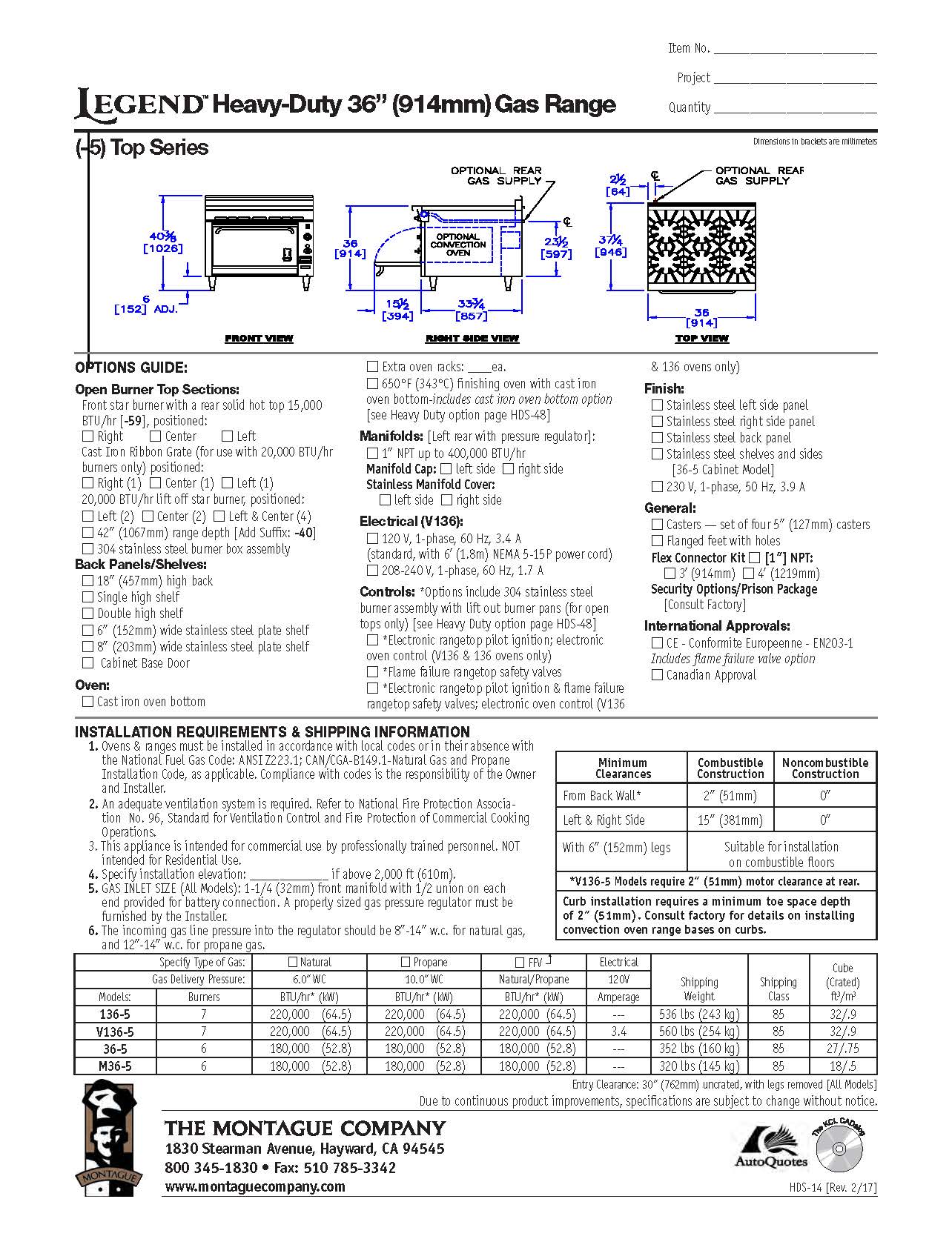 Montague Heavy Duty Range, 36", W/ 6 Burners, Natural Gas, *Left Rear Manifold - 136-5 RM