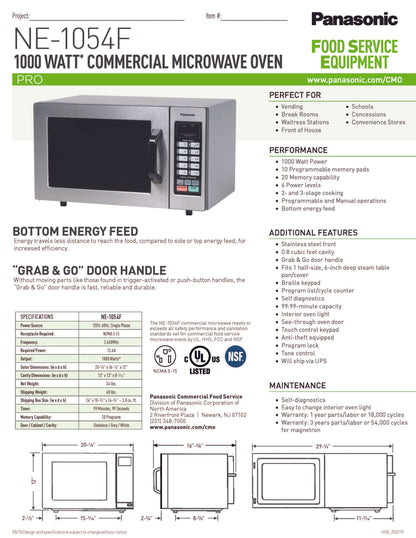 Panasonic Microwave Oven, 1000 Watts, Touch Pad - NE-1054F