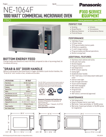 Panasonic Microwave Oven, 1000 Watts, Touch Pad - NE-1064F