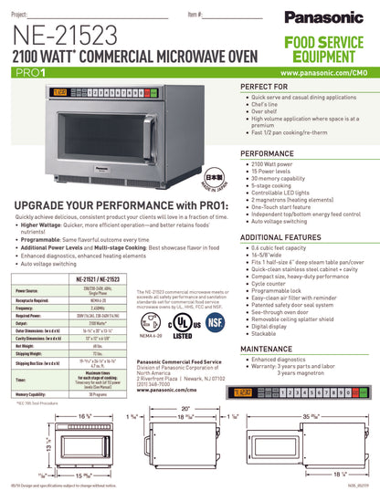 Panasonic Microwave Oven, 2100 Watts - 208/240V - NE-21523