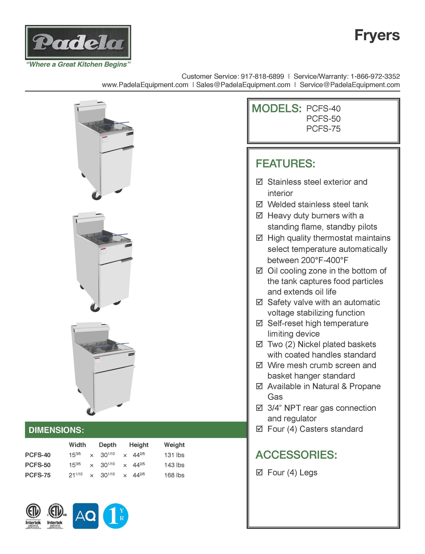 Padela 40 Lb. Natural Gas Fryer w/Casters- PCFS-40