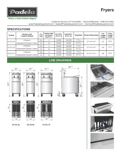 Padela 40 Lb. Natural Gas Fryer w/Casters- PCFS-40