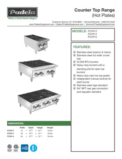 Padela  Hot Plate, 36" Wide Gas 2 Burner - PCHP-36-6