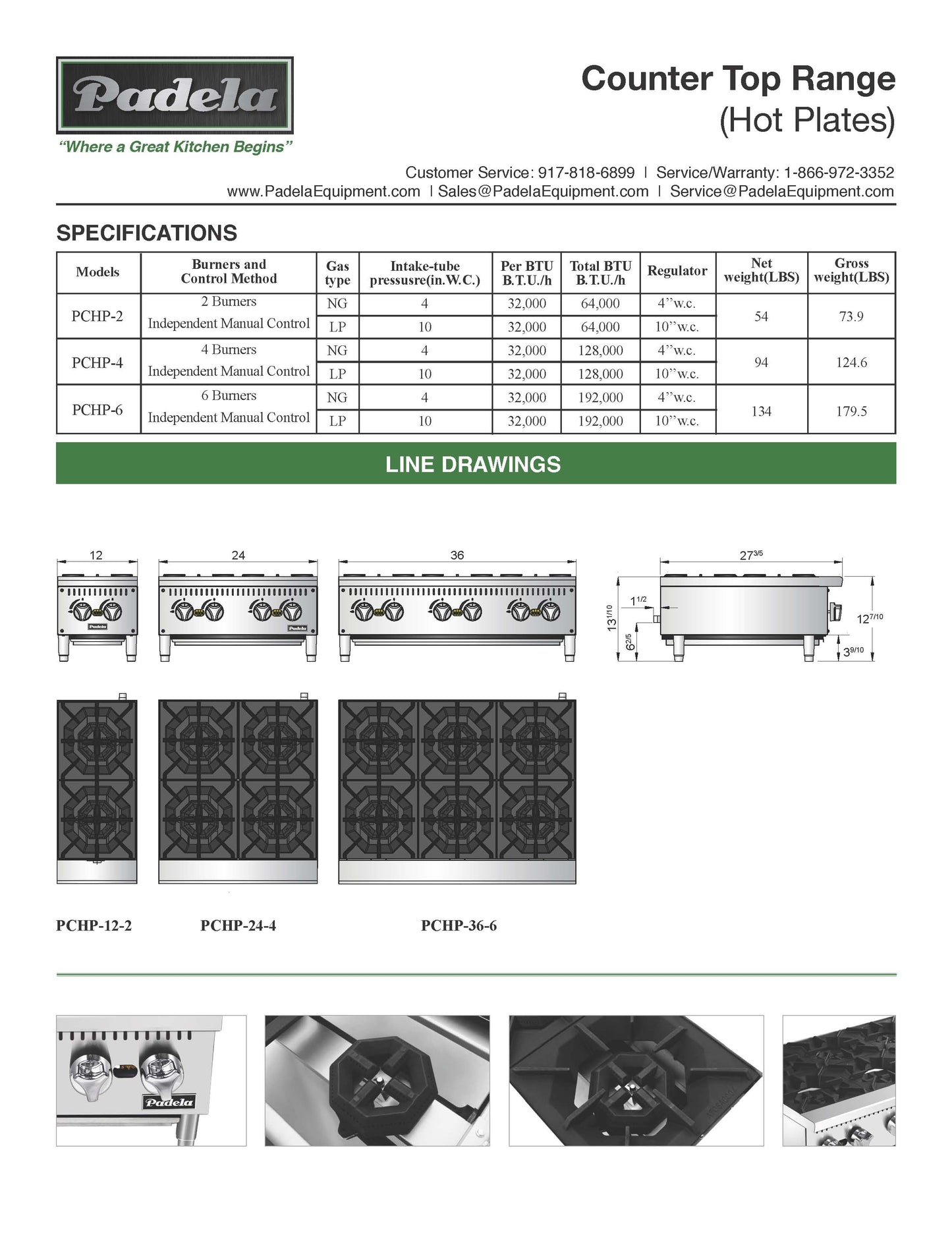 Padela  Hot Plate, 36" Wide Gas 2 Burner - PCHP-36-6