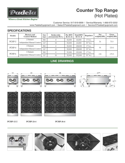 Padela  Hot Plate, 36" Wide Gas 2 Burner - PCHP-36-6