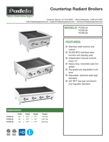 Padela 24" Charbroiler, Natural Gas, 70,000btu - PCRB-24