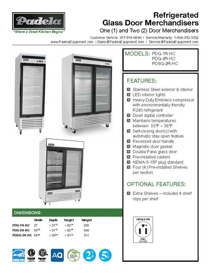 Padela Refrigerator Merchandiser, One Section, 19.1 Cuft, Bottom Mount - PDG-1R-HC