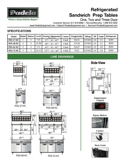 Padela, 48" Sandwich Prep, 12 Pans - PDS-48-HC