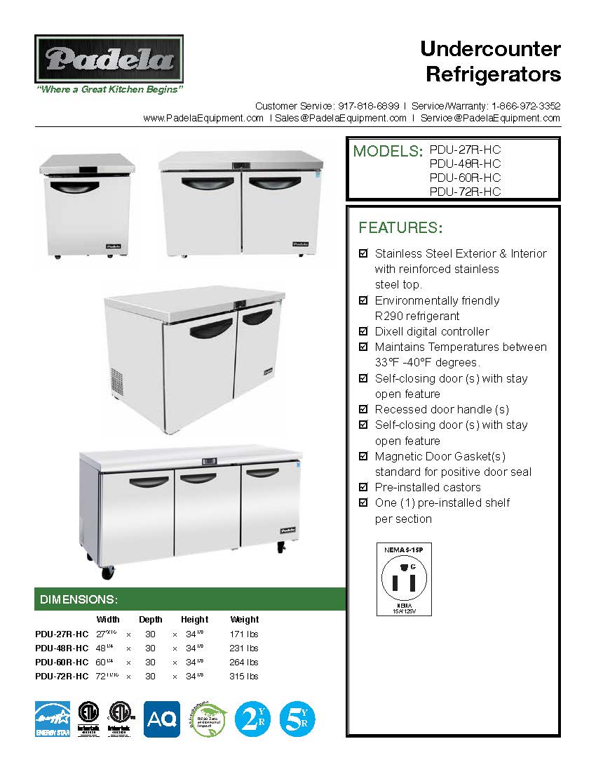 Padela 27" Single Door Undercounter Refrigerator - 7.5 Cu. Ft. - PDU-27R-HC