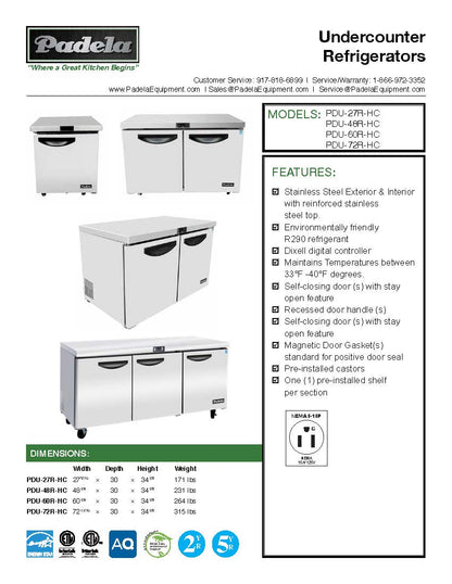 Padela 27" Single Door Undercounter Refrigerator - 7.5 Cu. Ft. - PDU-27R-HC