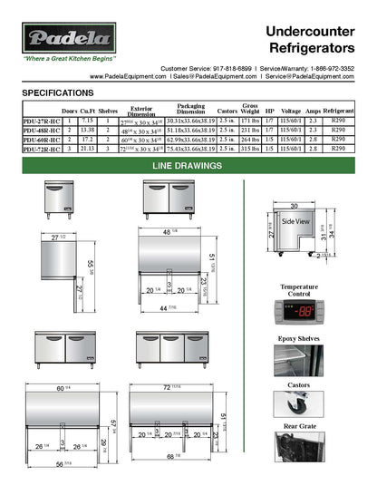 Padela 27" Single Door Undercounter Refrigerator - 7.5 Cu. Ft. - PDU-27R-HC