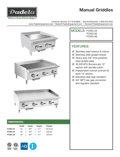 Padela  36" Manual Griddle, Natural Gas, 90,000btu - PCMG-36