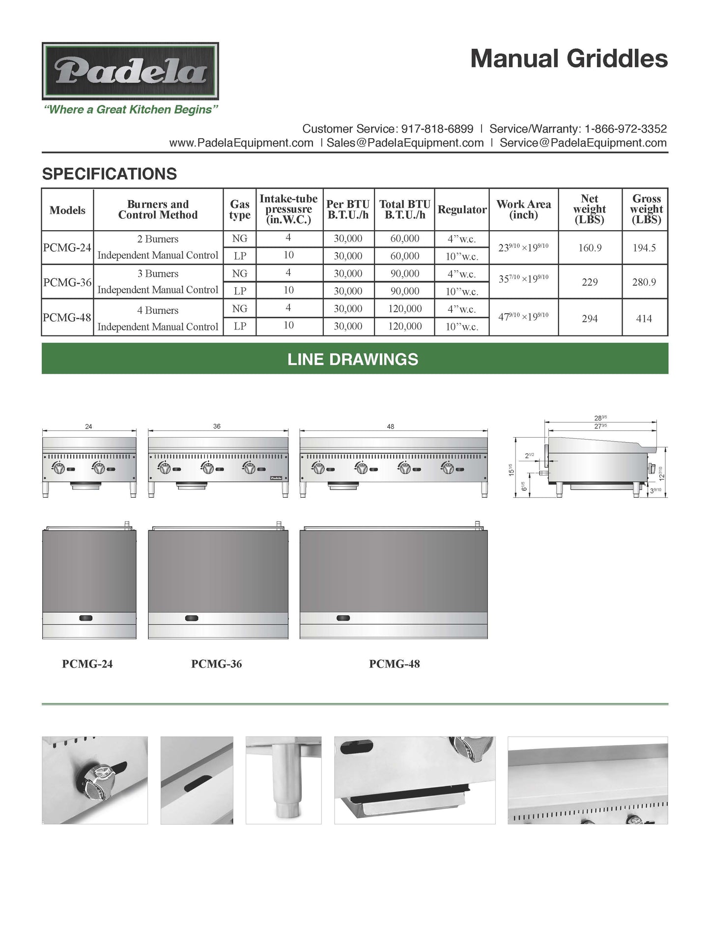 Padela  36" Manual Griddle, Natural Gas, 90,000btu - PCMG-36