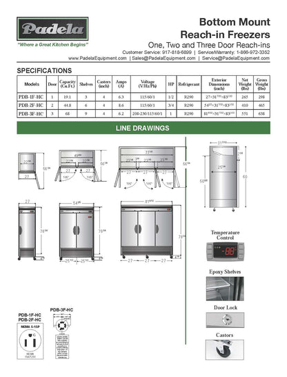 Padela Reach In Freezer, 3-Door, w/Casters - PDB-3F-HC