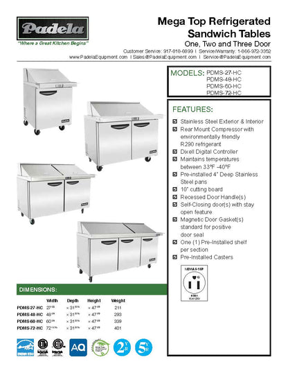 Padela, 48" Mega Top 24 Pan Prep Table - PDMS-48-HC