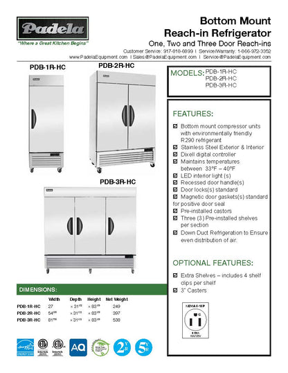 Padela Reach In Refrigerator, 3-Door, w/Casters - PDB-3R-HC