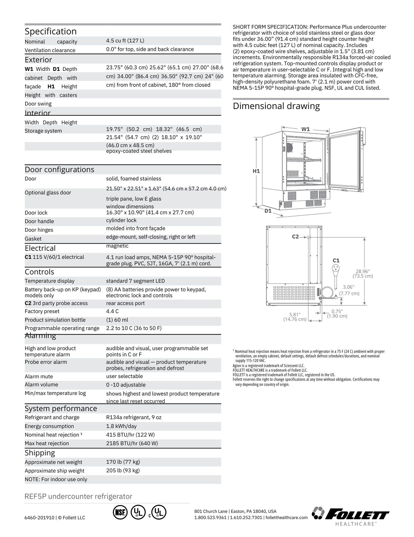 Follett Medical Grade U/C Refrigerator  - S/S - 4.5 CU FT - 115V - REF5P-0R-00-00