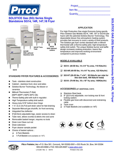 Pitco Fryer 50lb Natural Gas - SG14-S