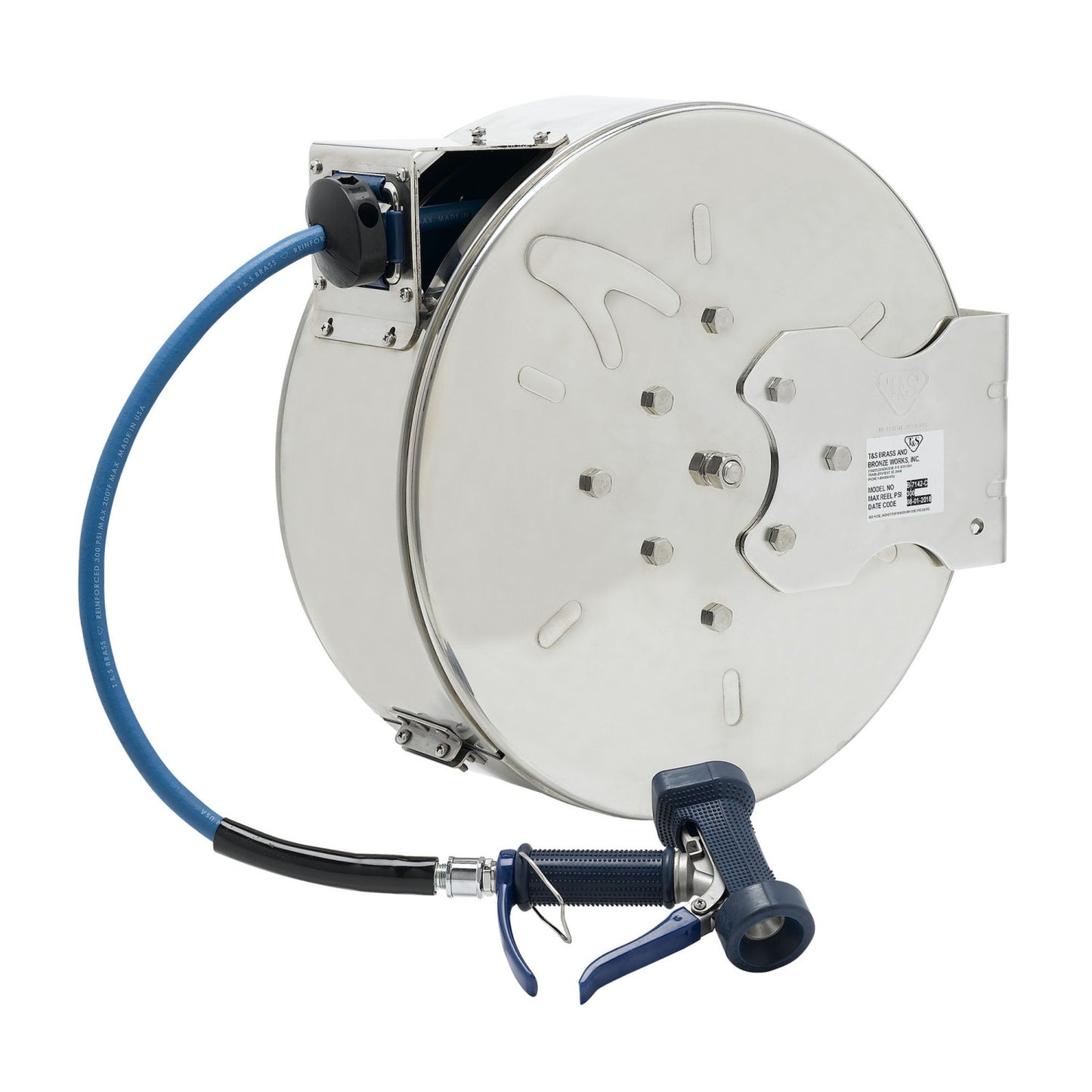 T&S Brass Enclosed Stainless Steel Hose Reel 3/8" x 50' Front Trigger - B-7142-C05