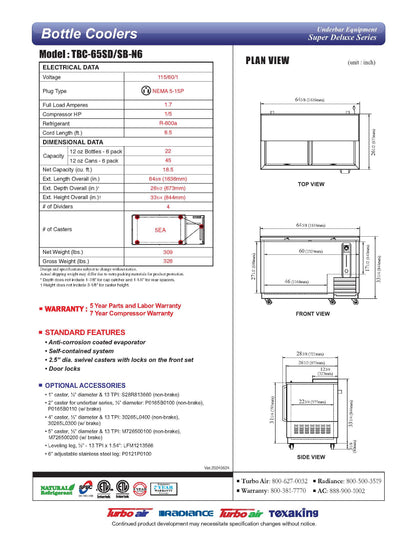 Turbo Air Super Deluxe Bottle Cooler, 64 - 3/8" Stainless Steel - TBC‐65SD‐N6