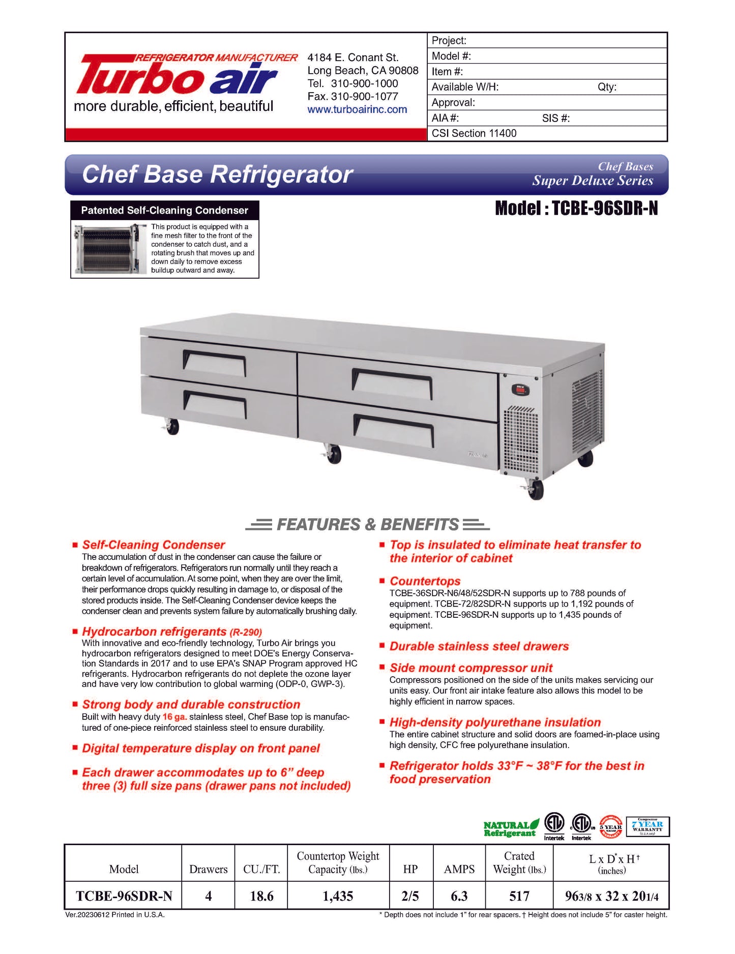 Turbo Air Equipment Stand, Refrigerated Base - TCBE-96SDR-N