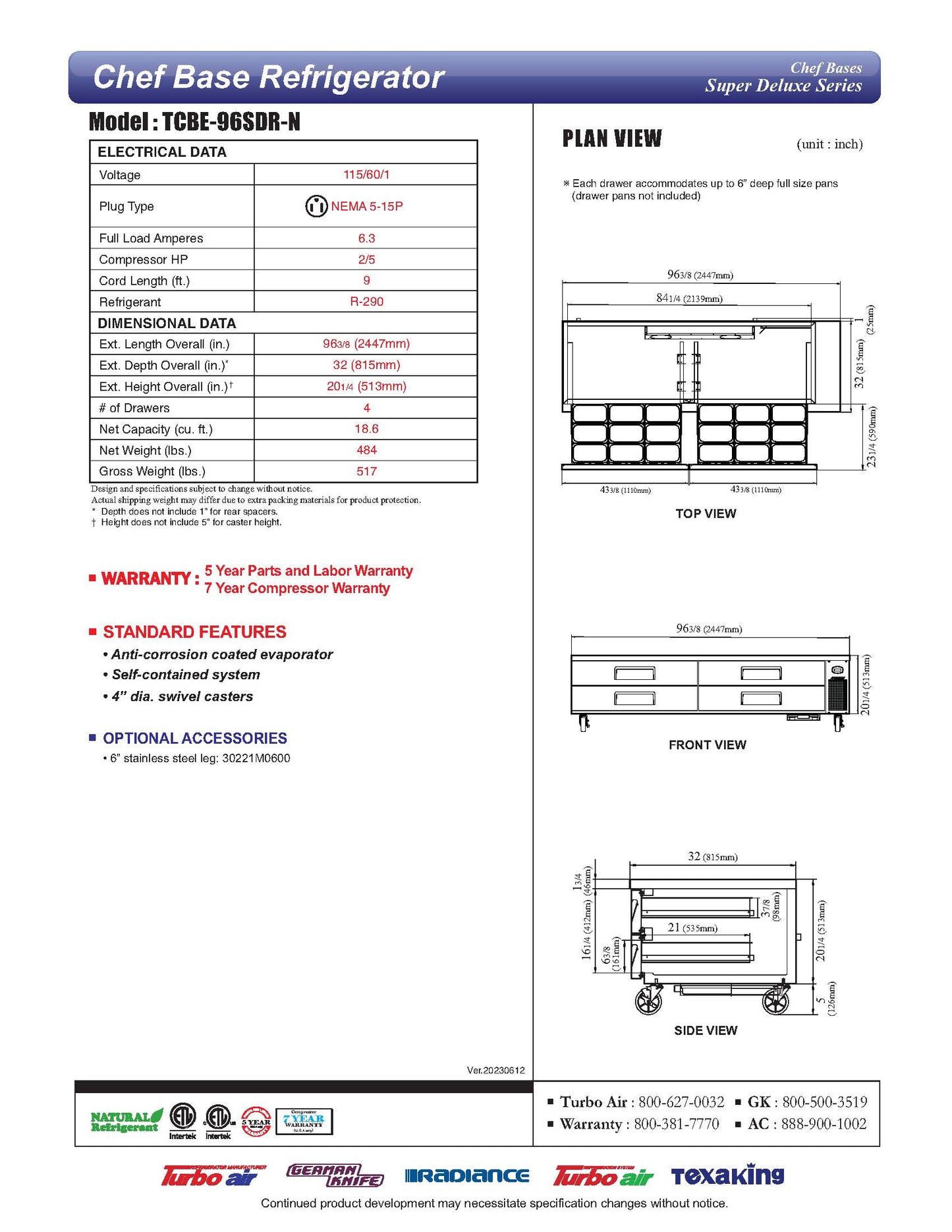 Turbo Air Equipment Stand, Refrigerated Base - TCBE-96SDR-N