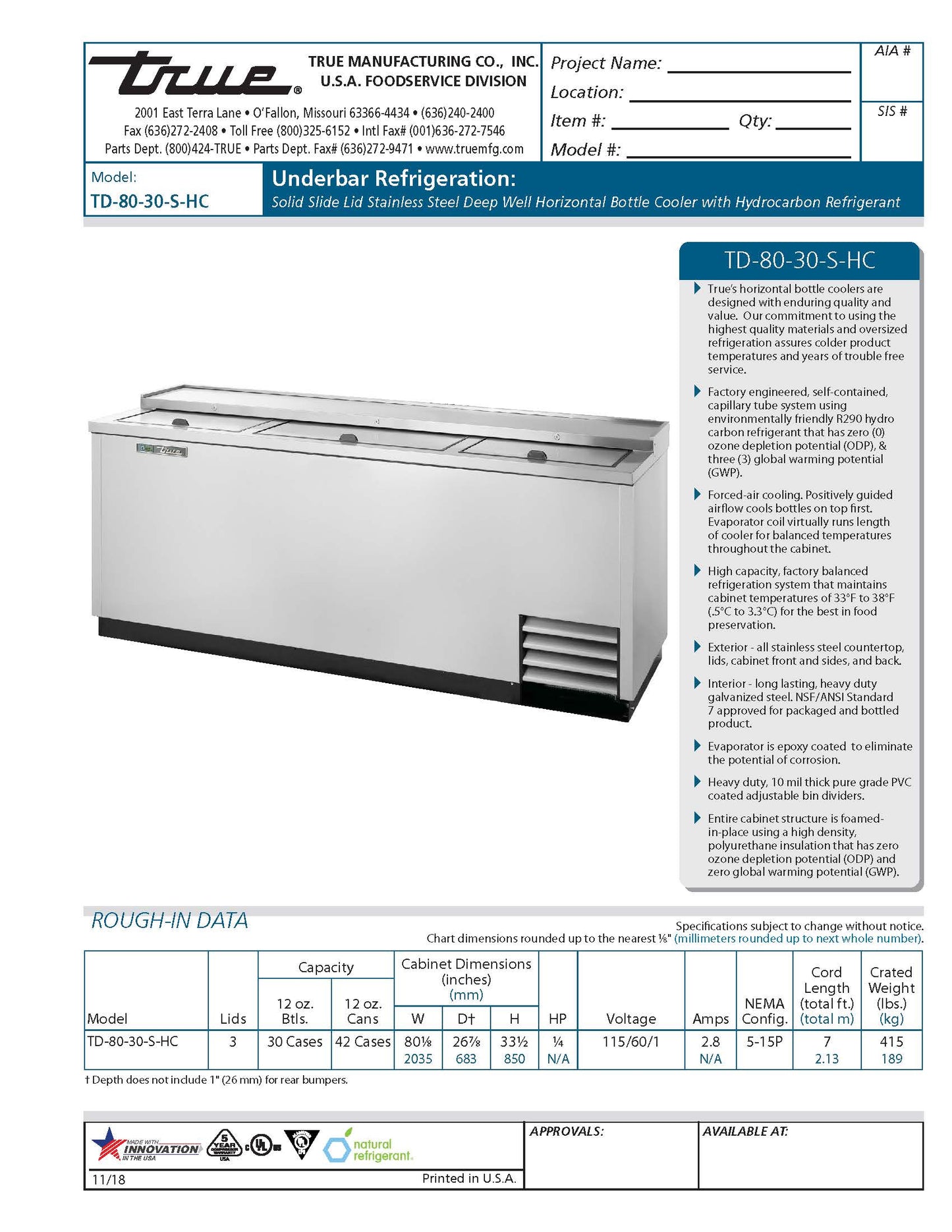 TRUE Horizontal Bottle Cooler, 80 1/8" Stainless Steel - TD-80-30-S-HC