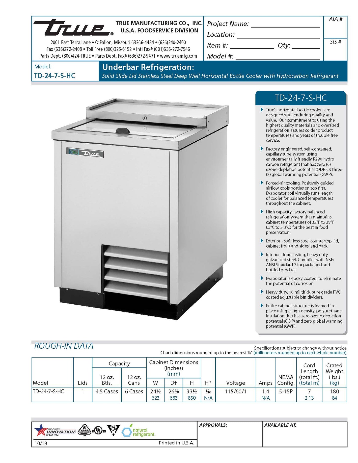 Enfriador de botellas horizontal TRUE, acero inoxidable - TD‐24‐7‐S‐HC