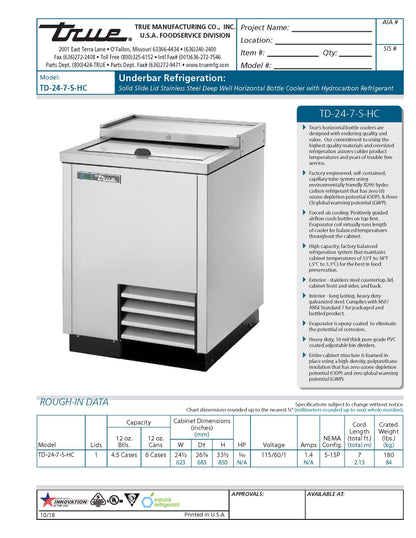 Enfriador de botellas horizontal TRUE, acero inoxidable - TD‐24‐7‐S‐HC