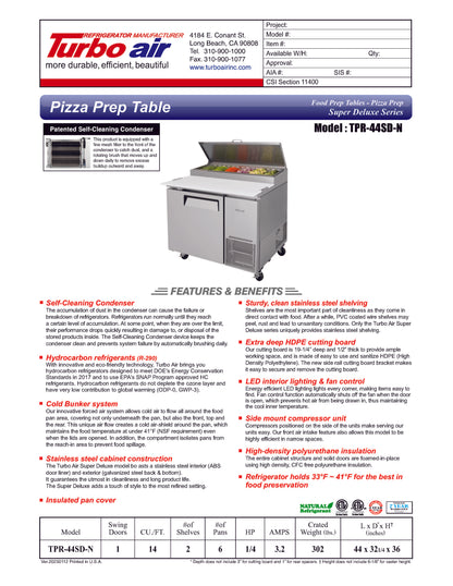 Turbo Air Refrigerated Counter, Pizza Prep Table - TPR-44SD-N