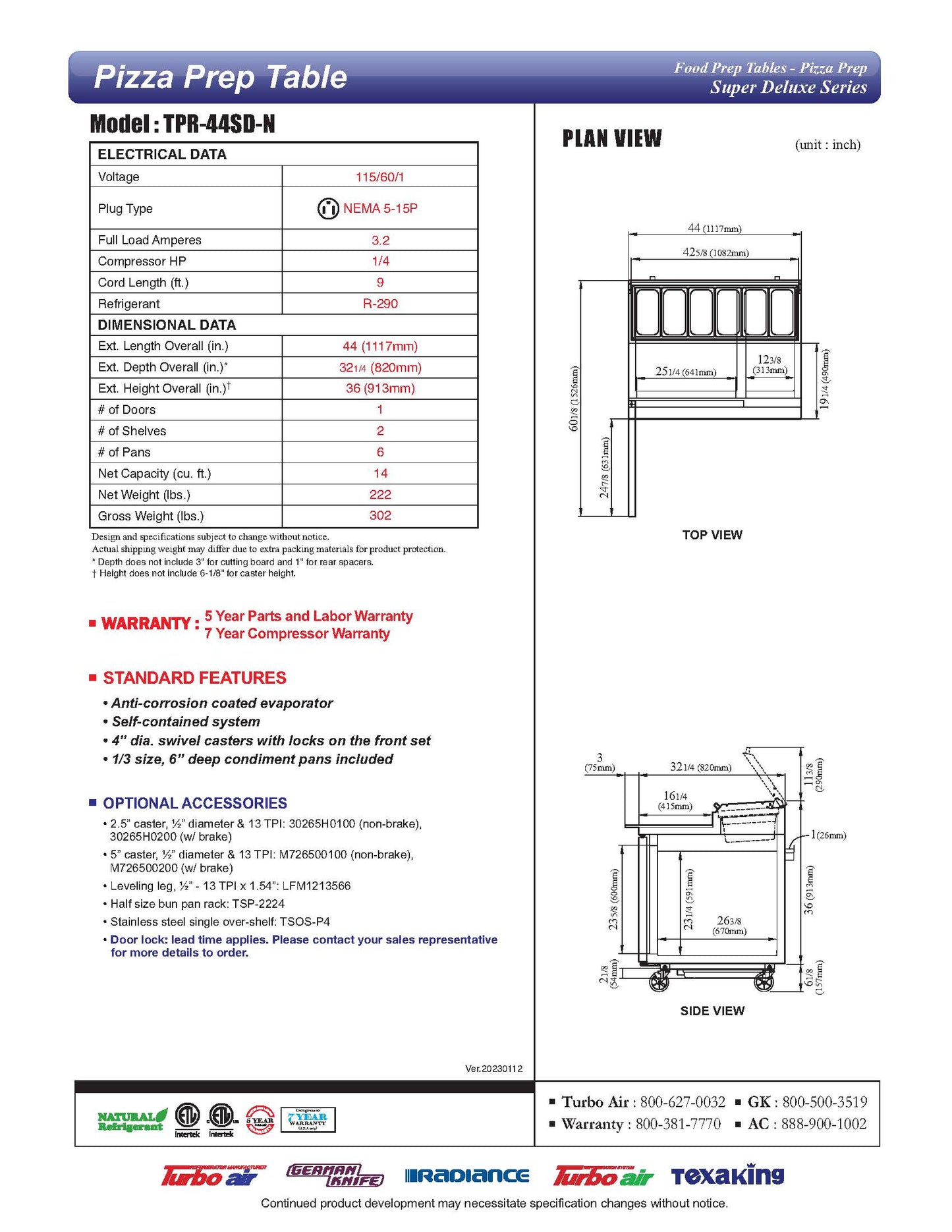 Turbo Air Refrigerated Counter, Pizza Prep Table - TPR-44SD-N