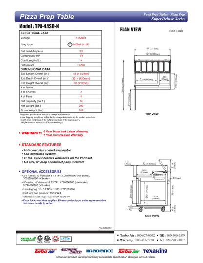 Turbo Air Refrigerated Counter, Pizza Prep Table - TPR-44SD-N