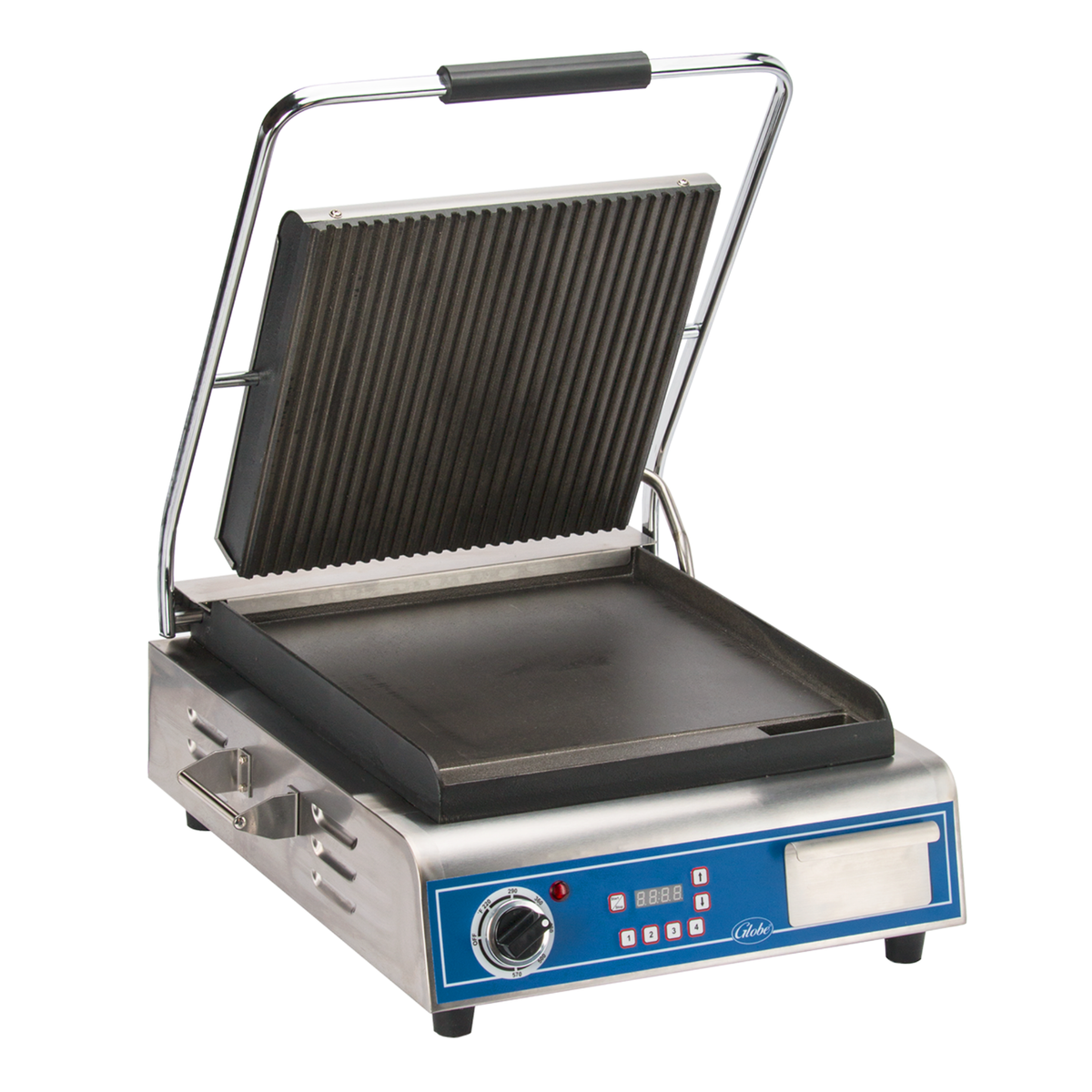 Globe Deluxe Panini Sandwich Grill Cast Iron Grooved Plates NSF 14x14" - GPG14D