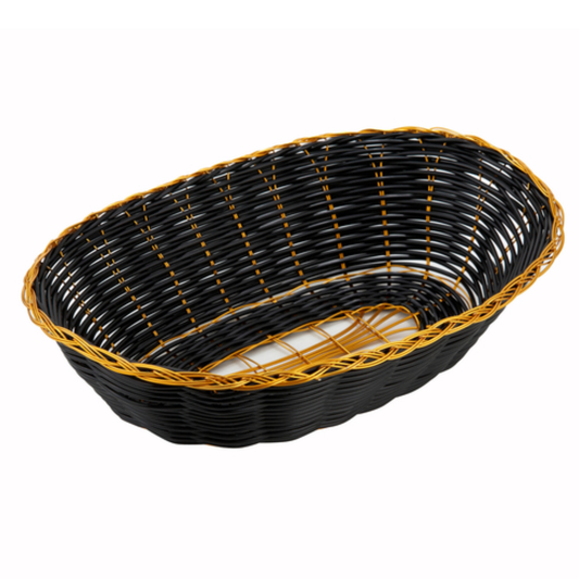 Winco Basket 9" Oval Plastic Black/Gold Poly Woven - PWBK-9V