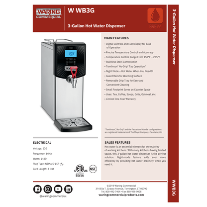Caldera/Dispensador de agua caliente Waring, 3 galones - WWB3G