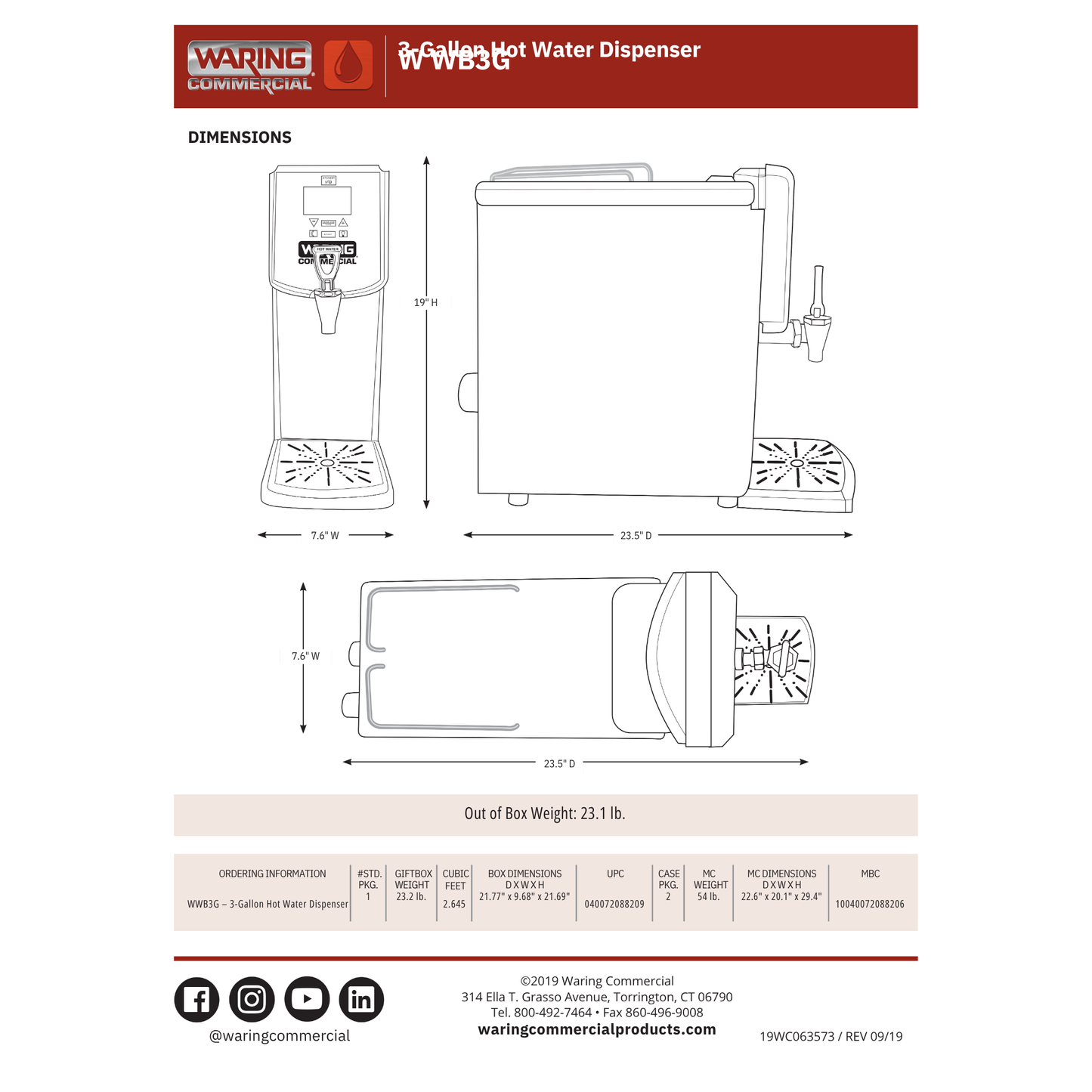 Caldera/Dispensador de agua caliente Waring, 3 galones - WWB3G