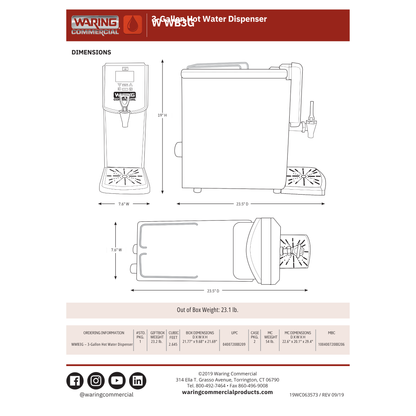 Caldera/Dispensador de agua caliente Waring, 3 galones - WWB3G