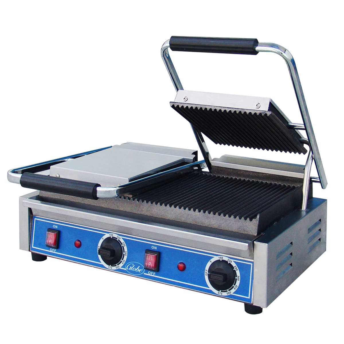Globe Double Grooved Cast Iron Panini Grill NSF 20" - Electric - GPGDUE10