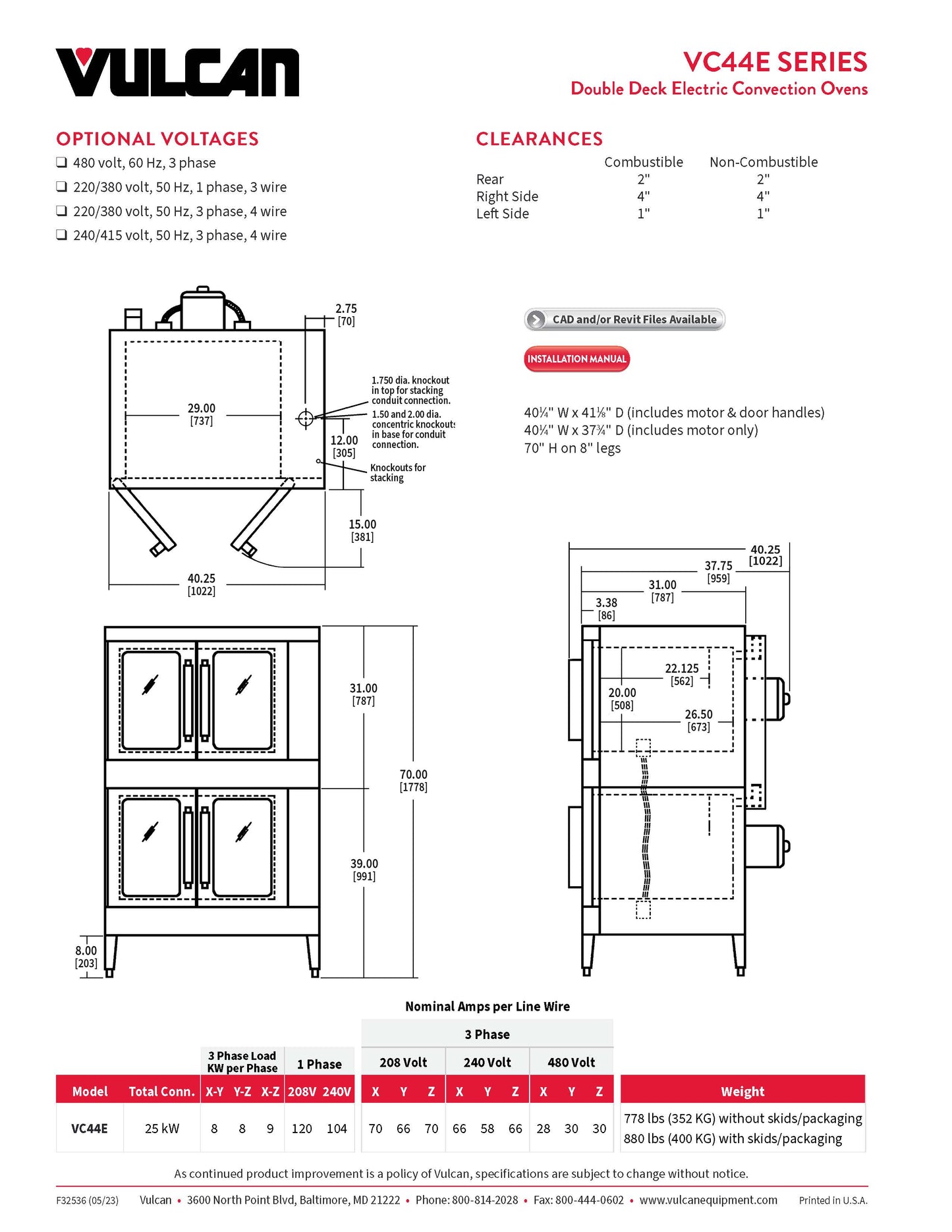 Vulcan Oven, Convection 2 Full Size Large Depth - Electric - VC44ED-240