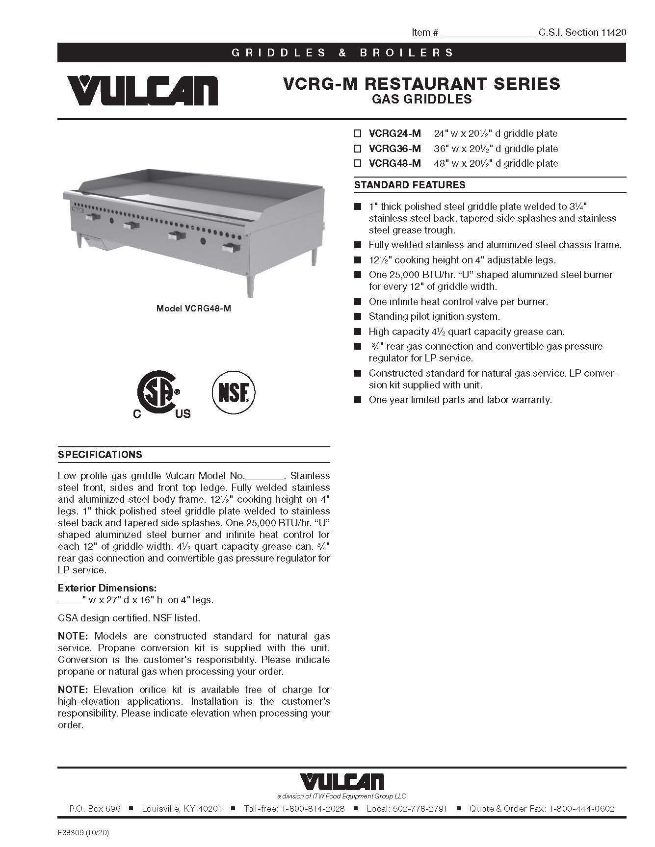 Vulcan 36" Gas Griddle 1" Plate Natural Gas - VCRG36-M