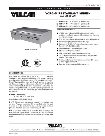 Vulcan 36" Gas Griddle 1" Plate Natural Gas - VCRG36-M