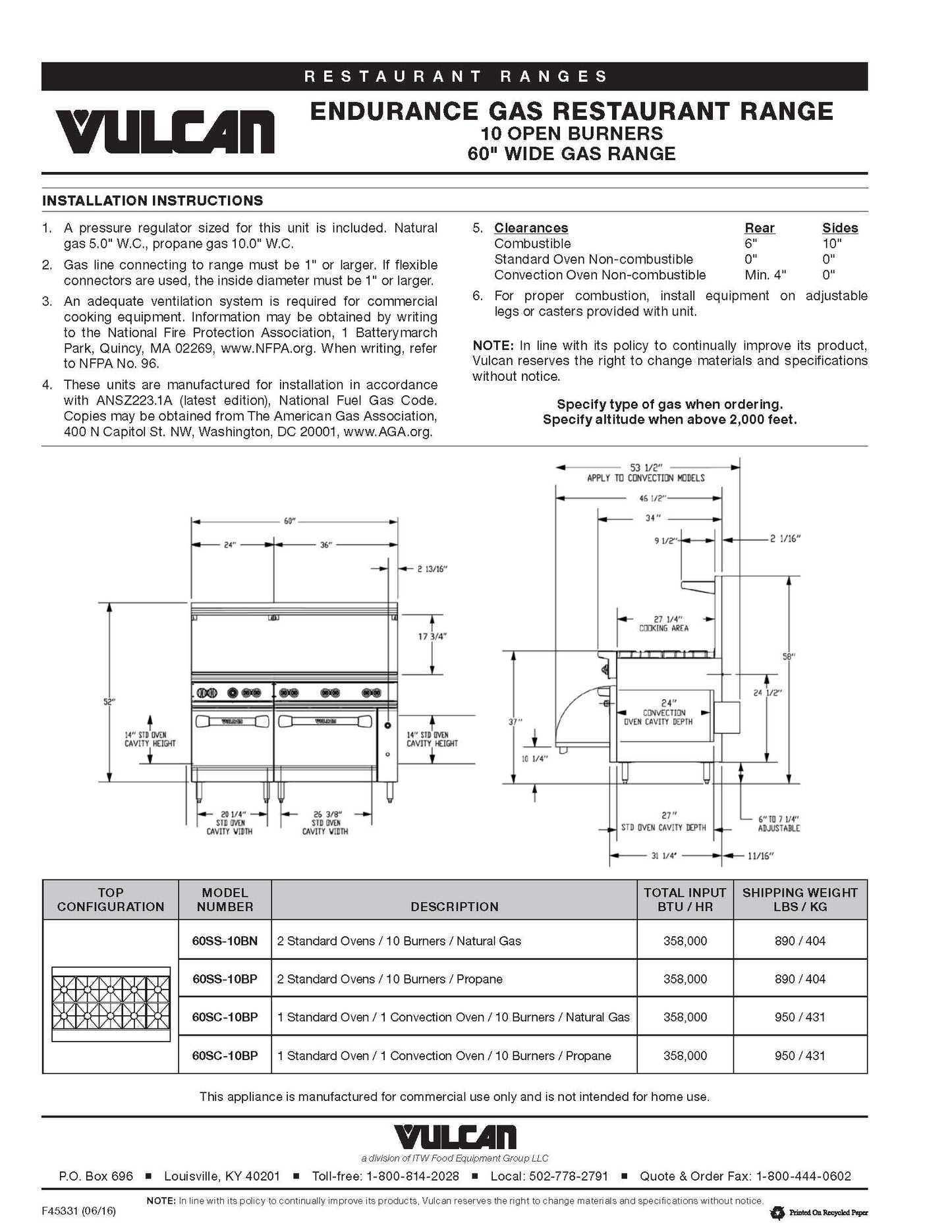 Vulcan Range 60", Natural Gas - 60SS-10BN