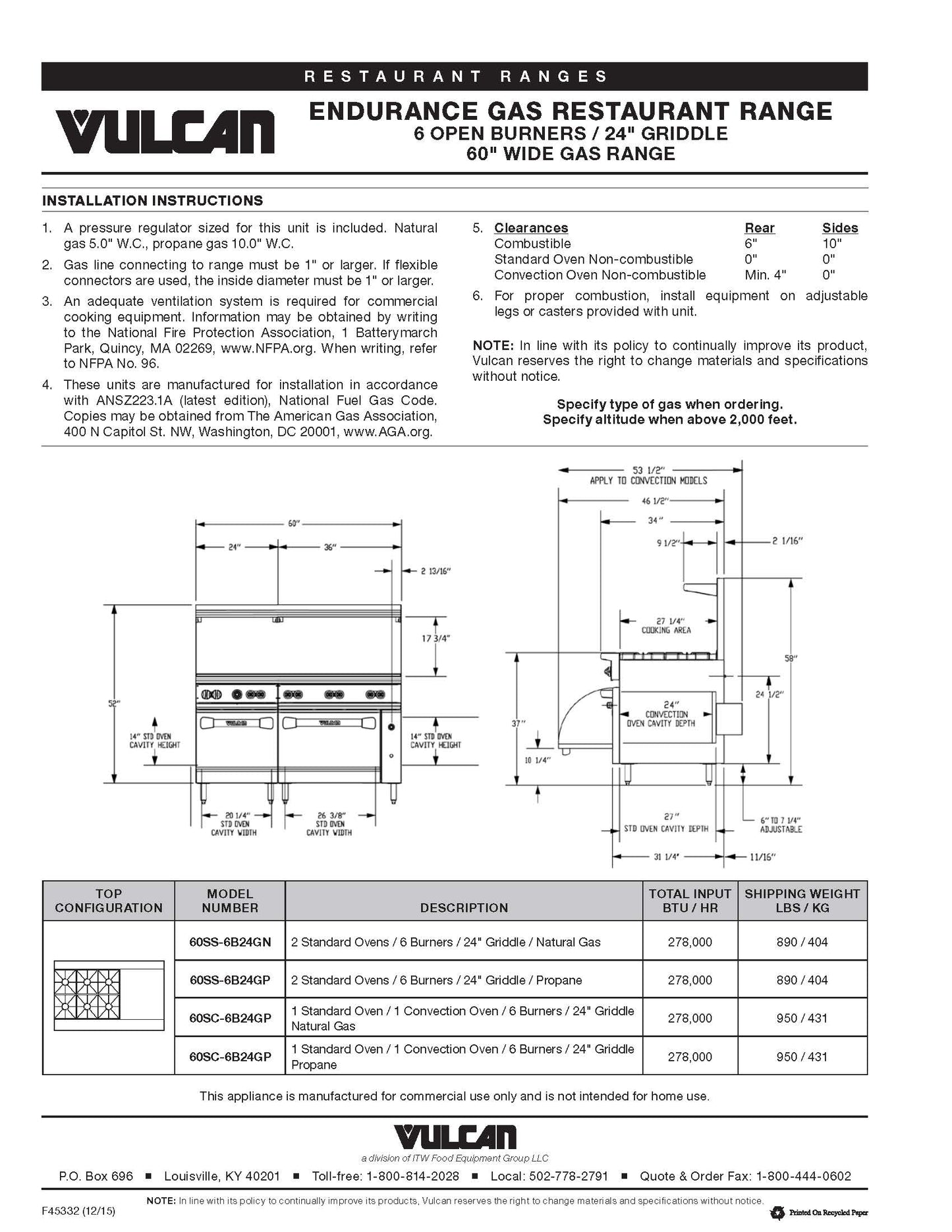 60" RANGE 6 BRNR / 24" GRID. STD OVENS NAT GAS - 60SS-6B24GN