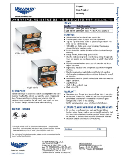 Vollrath Toaster, Conveyor Bagel And Bun 120V - CT2B-120500