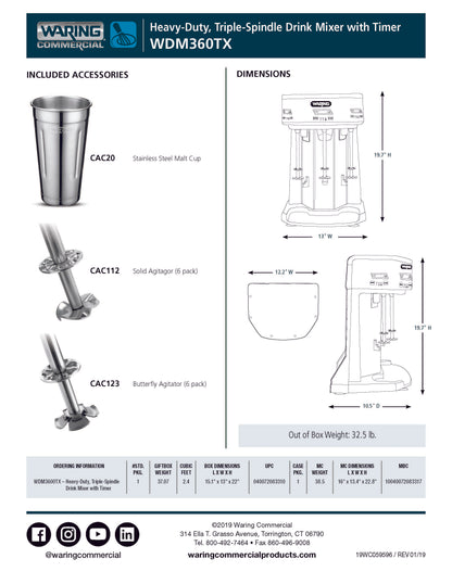 Waring Mixer, Spindle Type Commercial - Triple - WDM360TX