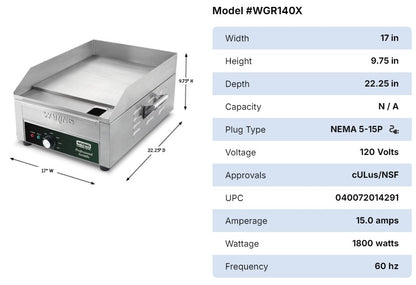 Waring Griddle, 14" Countertop - 120V - WGR140X