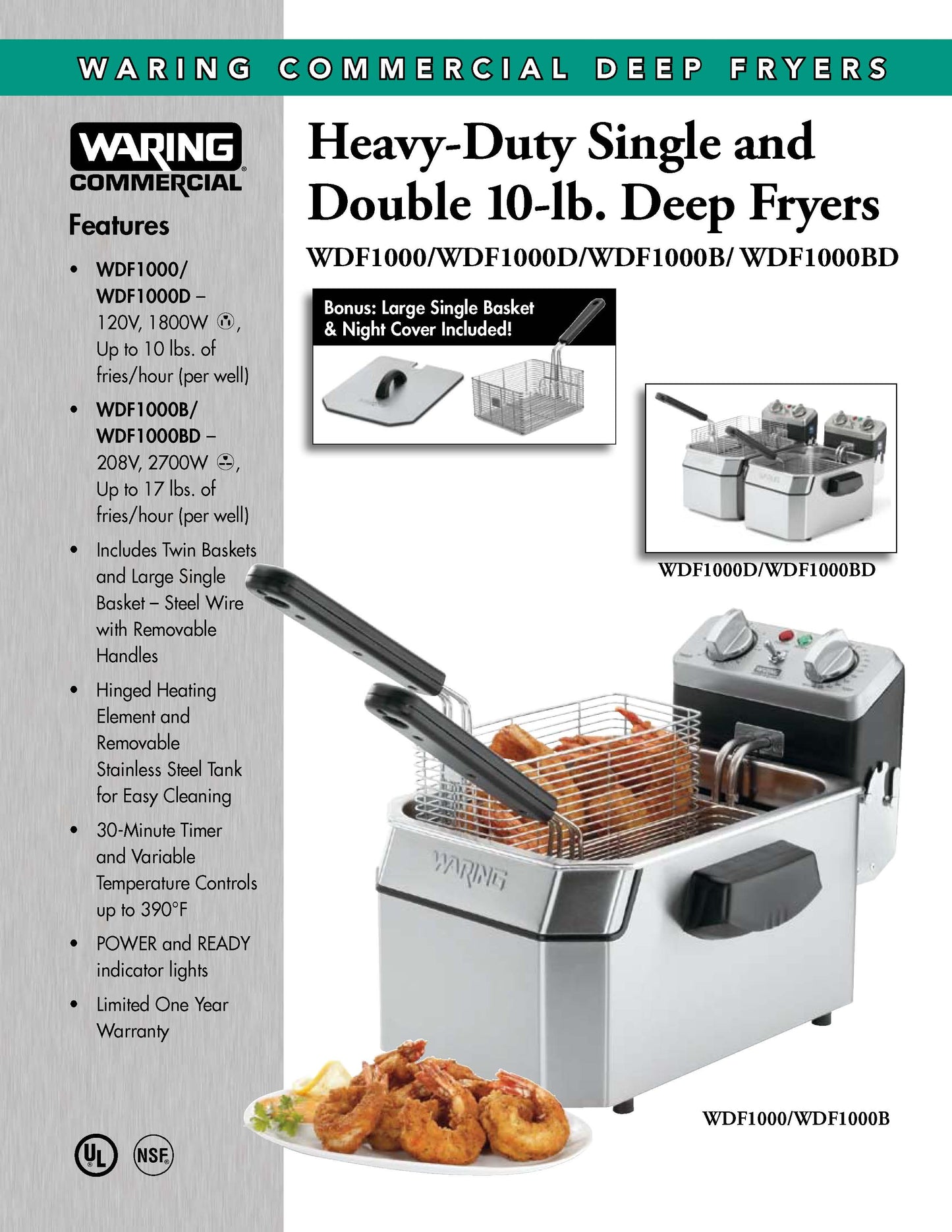 Waring Fryer, Deep Fryer, Countertop 10lb Fat Capacity - 120V - WDF1000