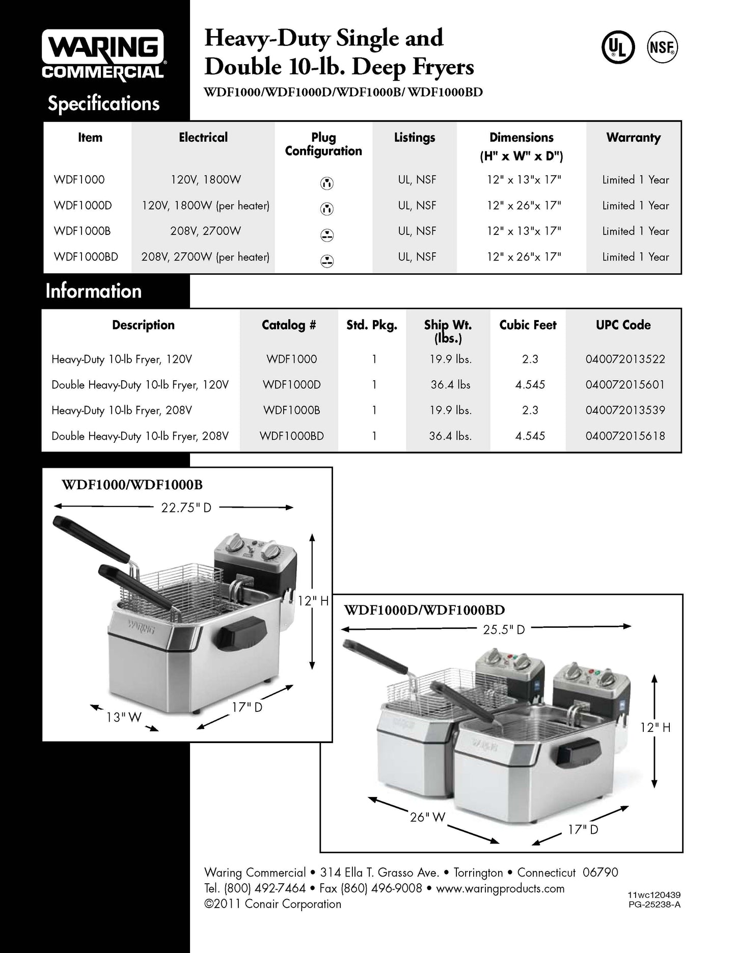 Waring Fryer, Deep Fryer, Countertop 10lb Fat Capacity - 120V - WDF1000