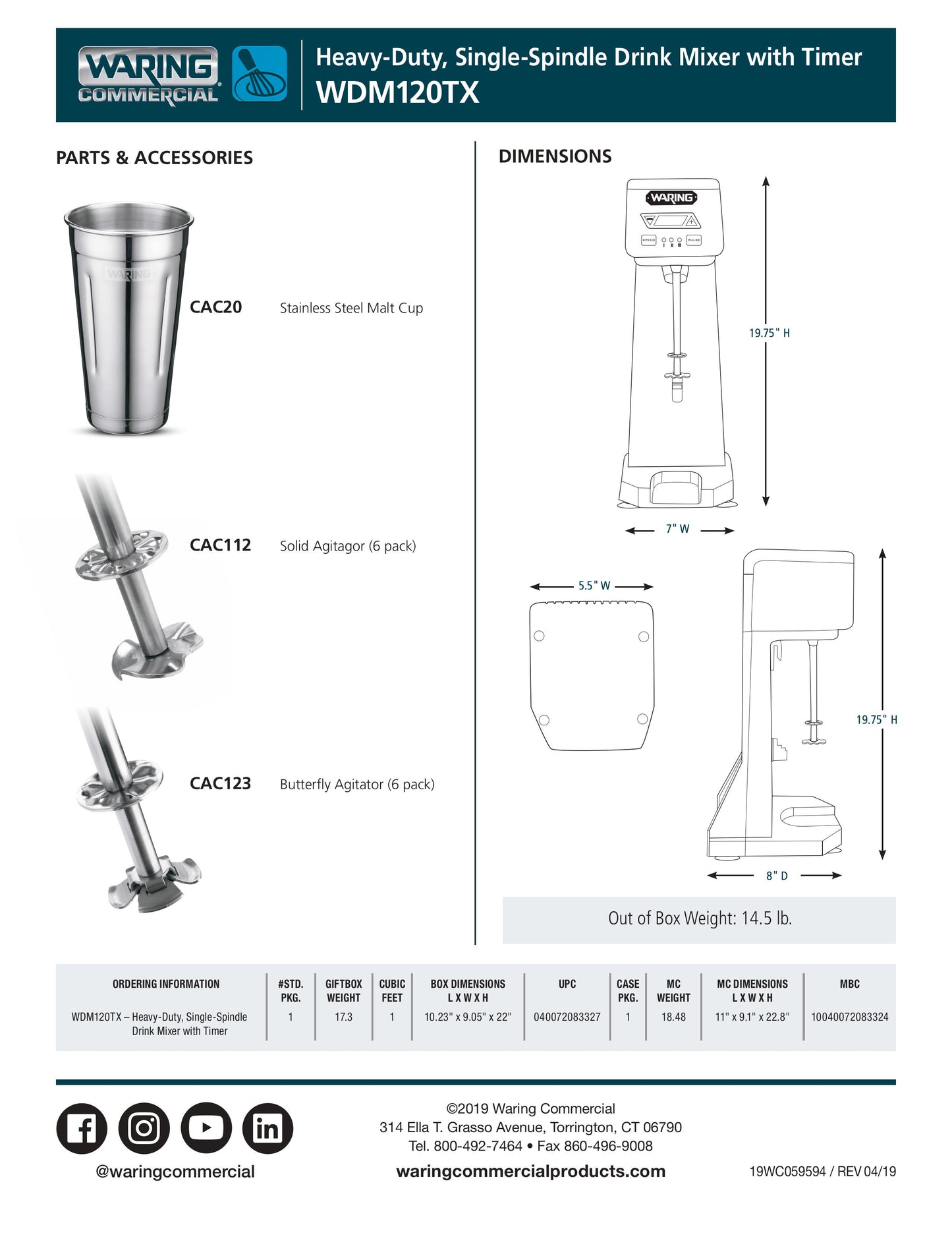 Waring Single Drink Mixer Center 3-Spd - WDM120TX