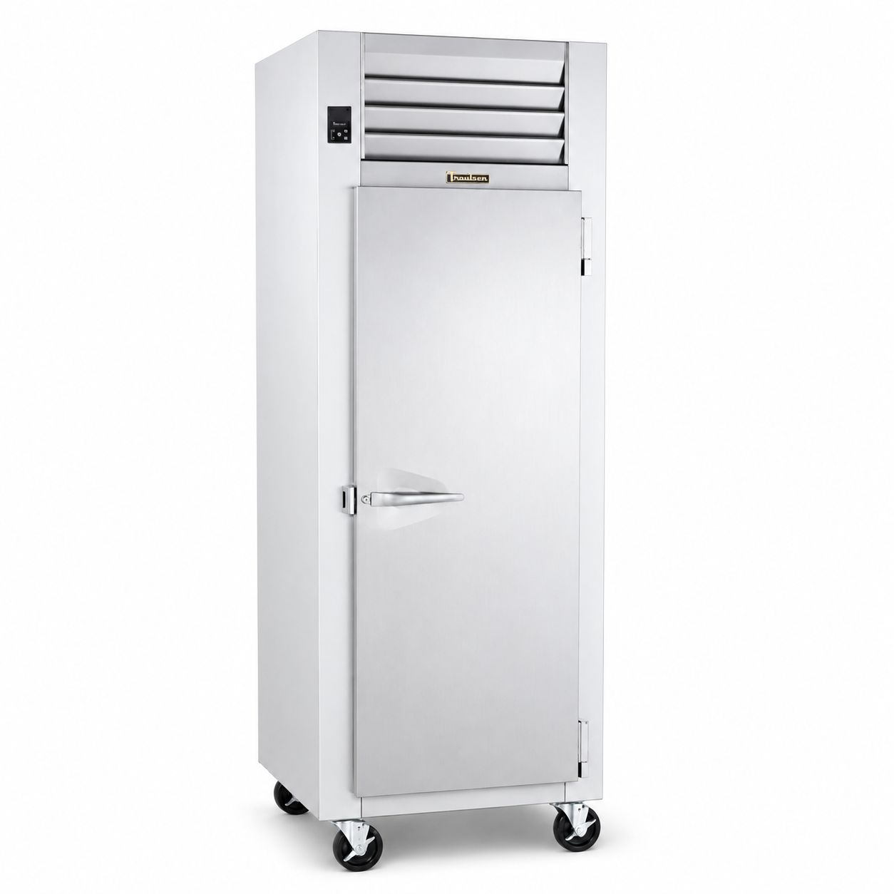 A tall white commercial refrigerator with a single door, front handle, top ventilation grates, and caster wheels, shown on a plain white background.